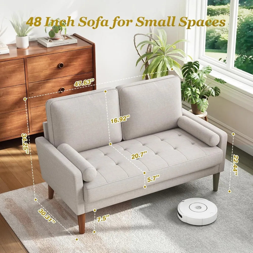 Modern 48" Linen Loveseat Sofa 2-Seater Couch with Pillow for Small Spaces Apartment