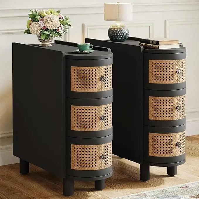 Solid Wood Rattan 3-Drawer End Table Nightstand for Living Room
