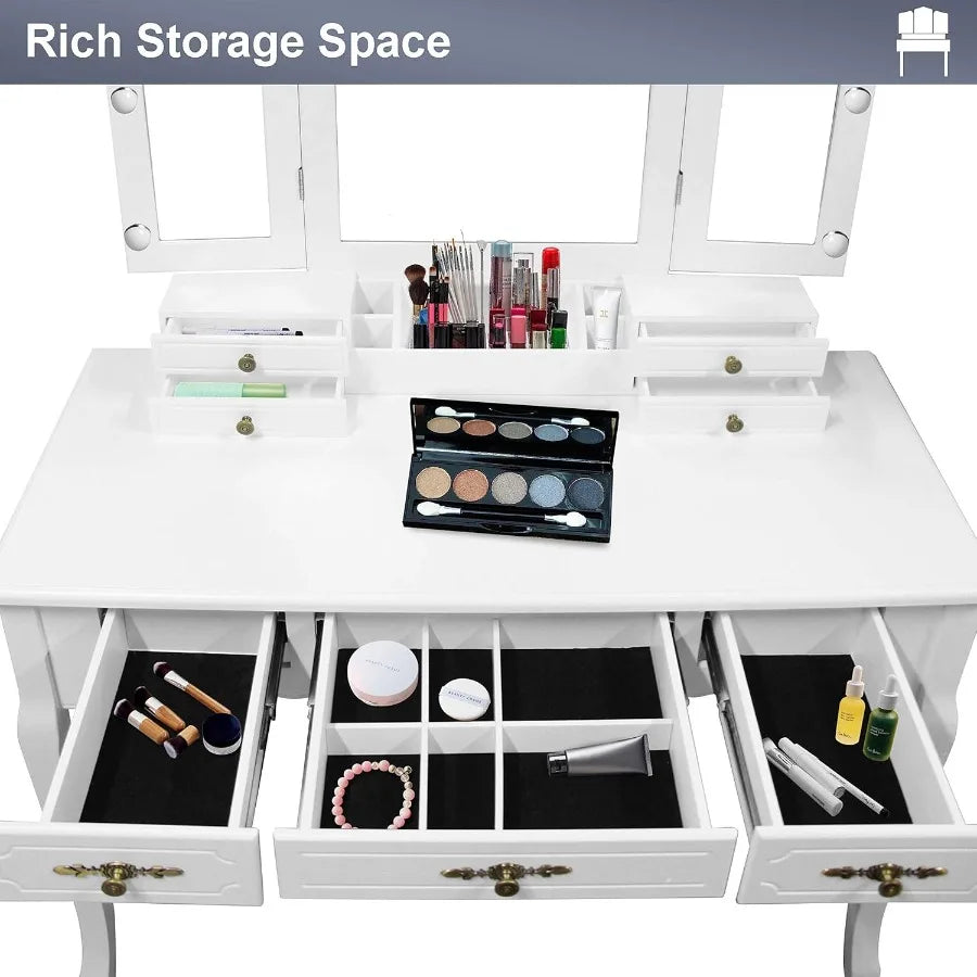 Vintage Vanity Desk Tri-Folding Mirror 6 Drawers Makeup Table with Lights
