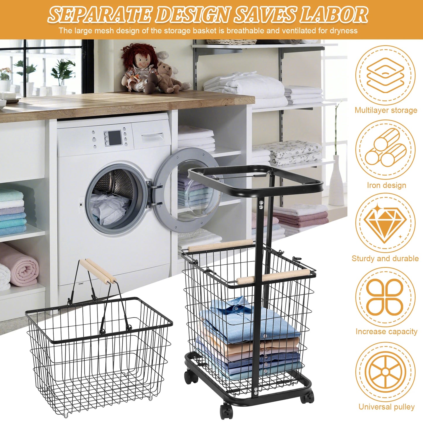 2 Tier Rolling Laundry Basket with Wheels Metal Storage Cart Hamper