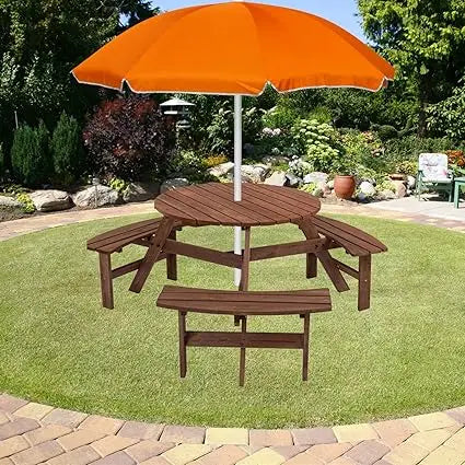 10 Person Solid Wood Outdoor Round Picnic Table and Bench Set