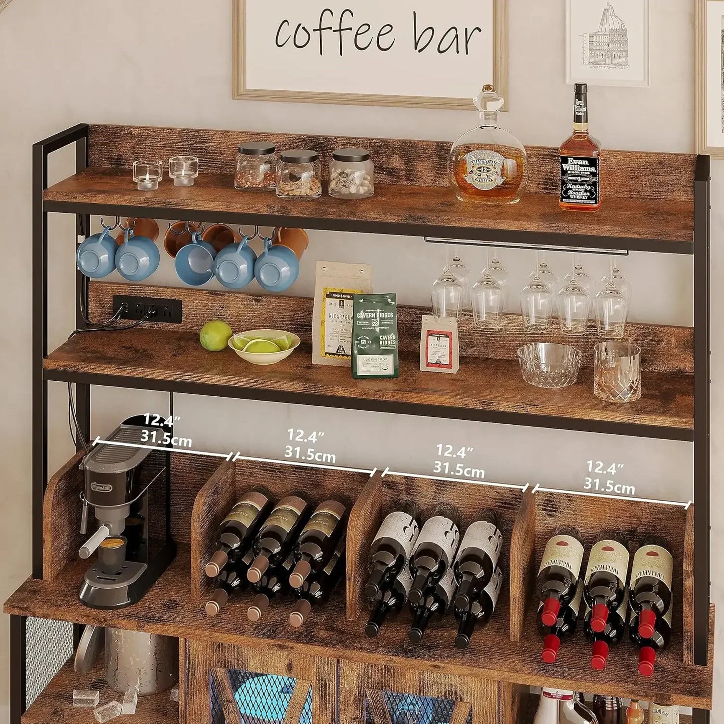 Coffee Bar Cabinet Industrial Buffet 3-Tier Liquor Storage Home Kitchen