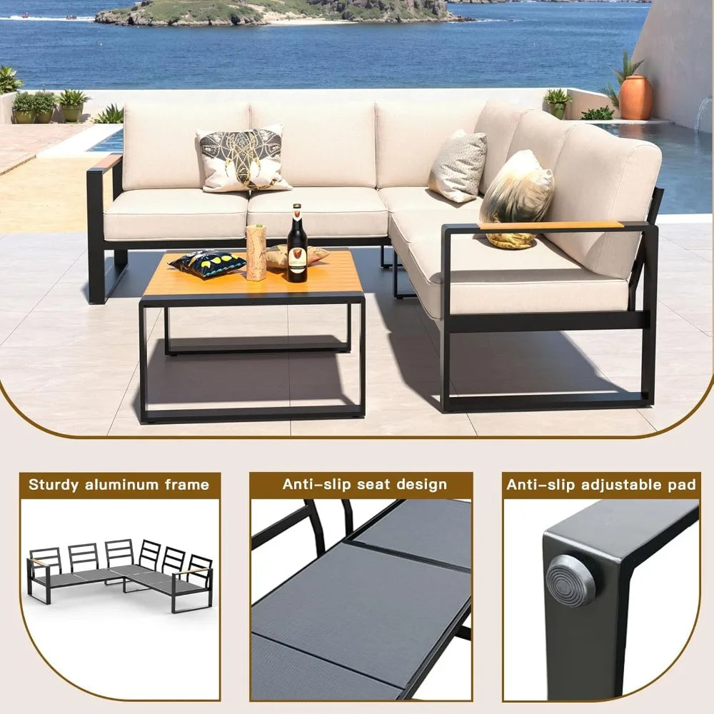 L Shaped Aluminum Patio Furniture Set All-Weather Sectional Outdoor Sofa