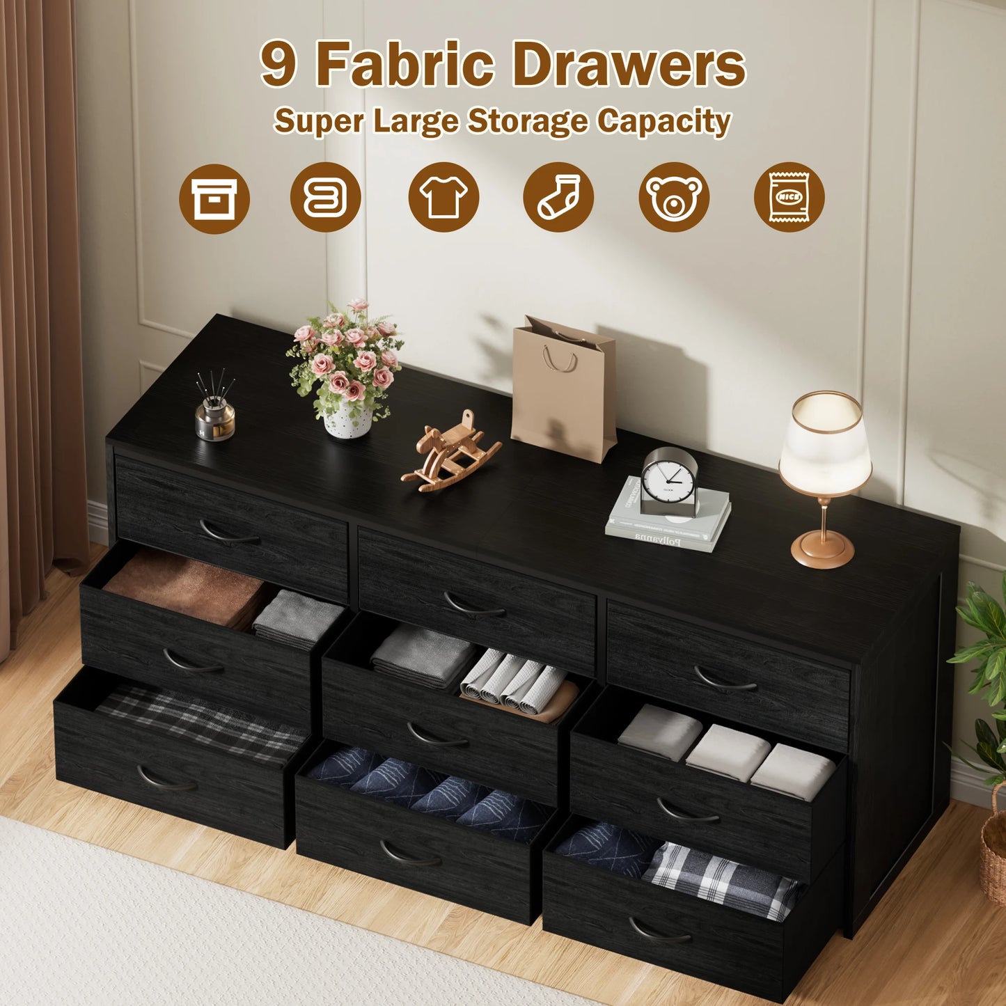 Ljustra 9 Drawer Wide Chest of Drawers Fabric Storage Dresser