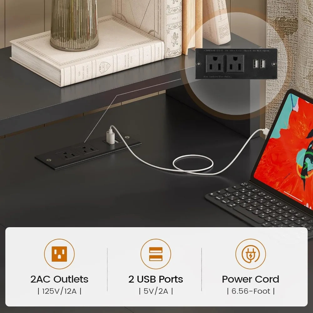 L Shaped Gaming Desk with LED Lights Power Outlet Storage Drawers