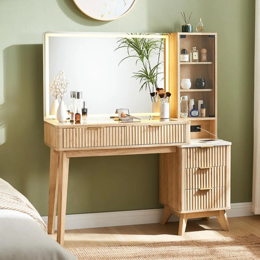 48 Inch Fluted Makeup Vanity Desk with Mirror Lights and 5 Drawers