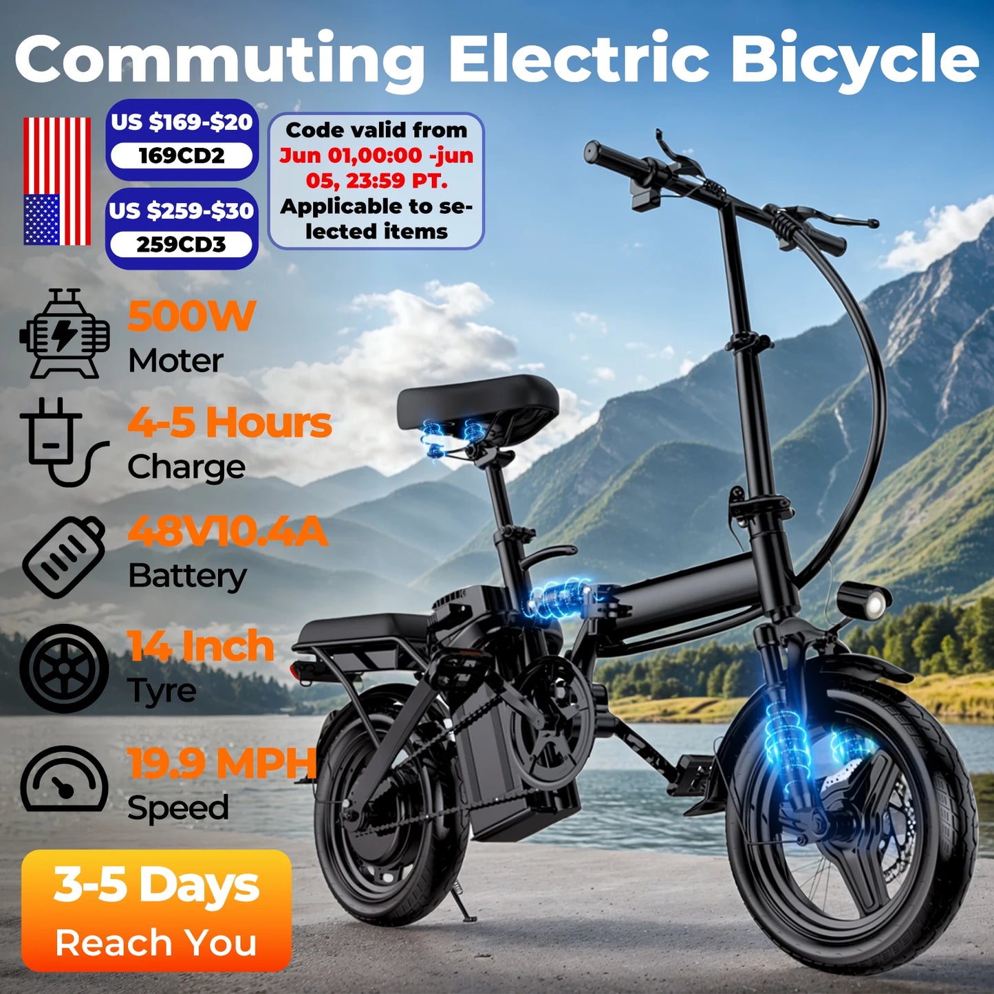 Ljustra 500W Adult Electric Bike 20MPH 48V 12Ah Folding Bike