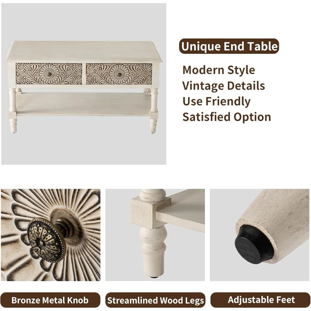 Coffee Table with 2 Storage Drawers Vintage Farmhouse Wood Center Table