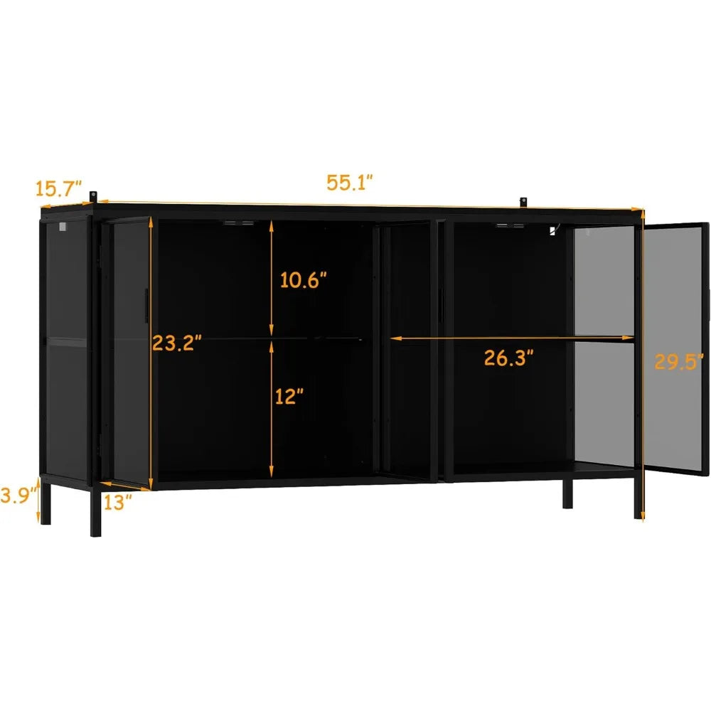 Sideboard Display Cabinet with Glass Doors and LED Lights Buffet Storage