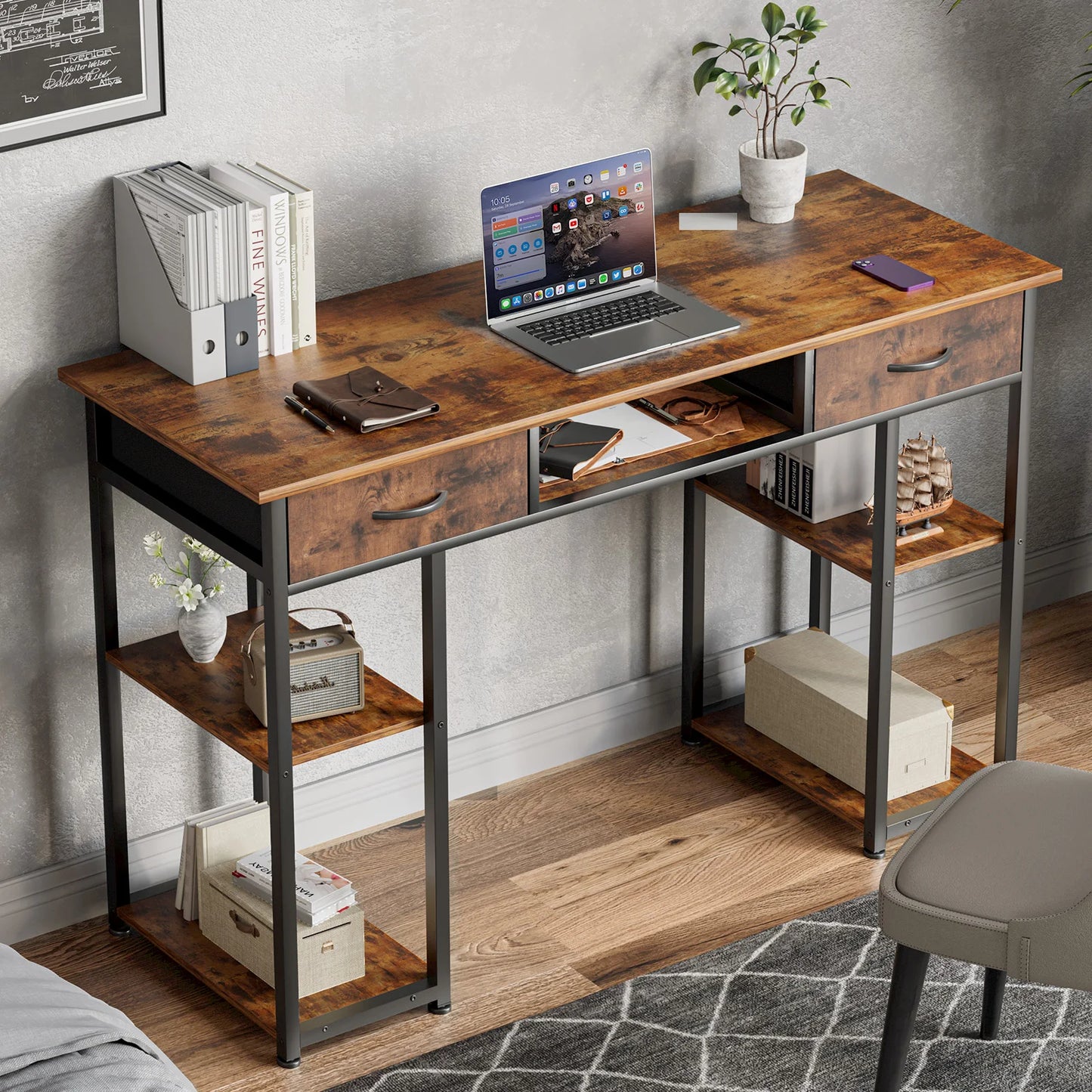 Ljustra 48 Inch Double Deck Shelving Office Desk with Storage Drawers