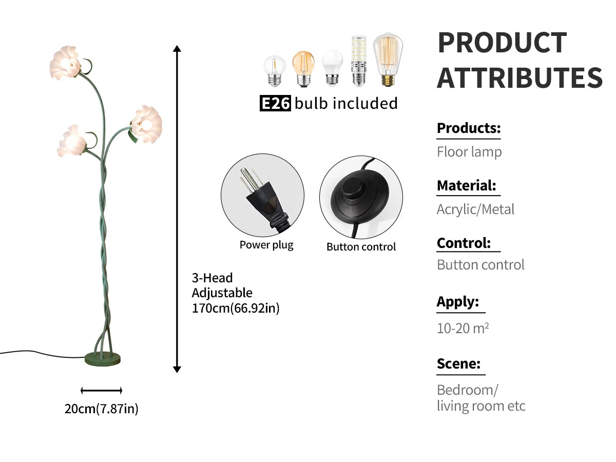 Retro 3-Head Flower Floor Lamp Dimmable Flexible Neck Home Decor