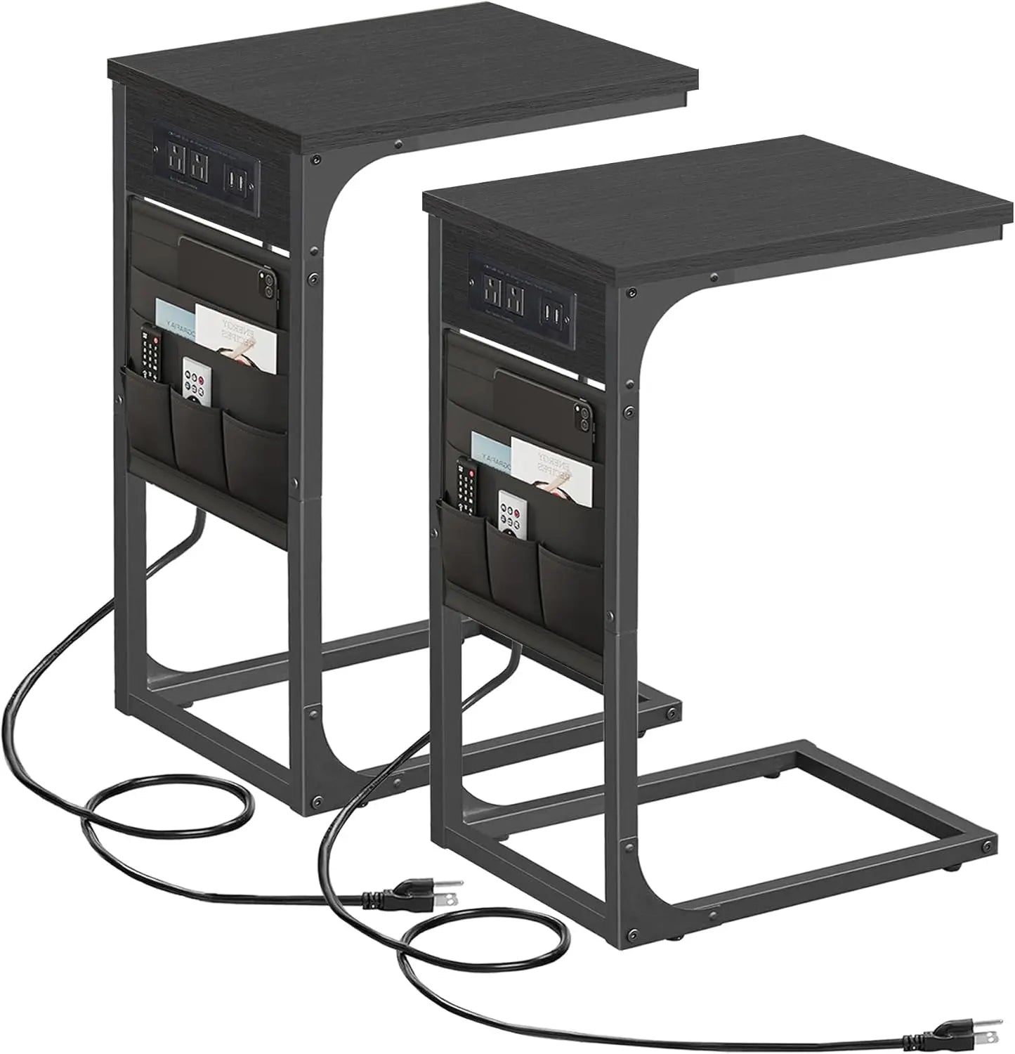 Shaped End Table Set of 2 with Charging Station USB Ports Storage Bag