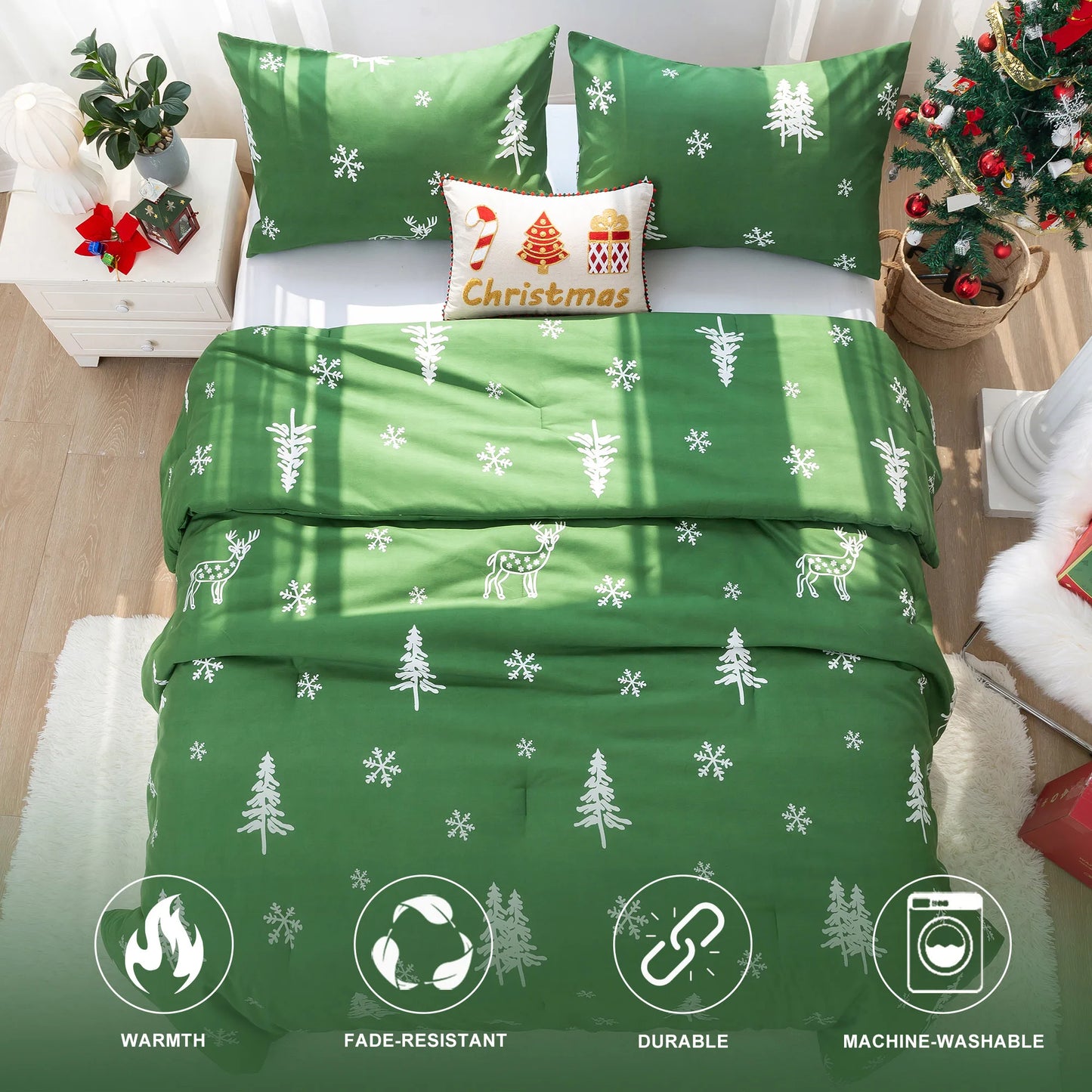 Soft PolyCotton Queen Comforter Christmas Reindeer Bedding Set