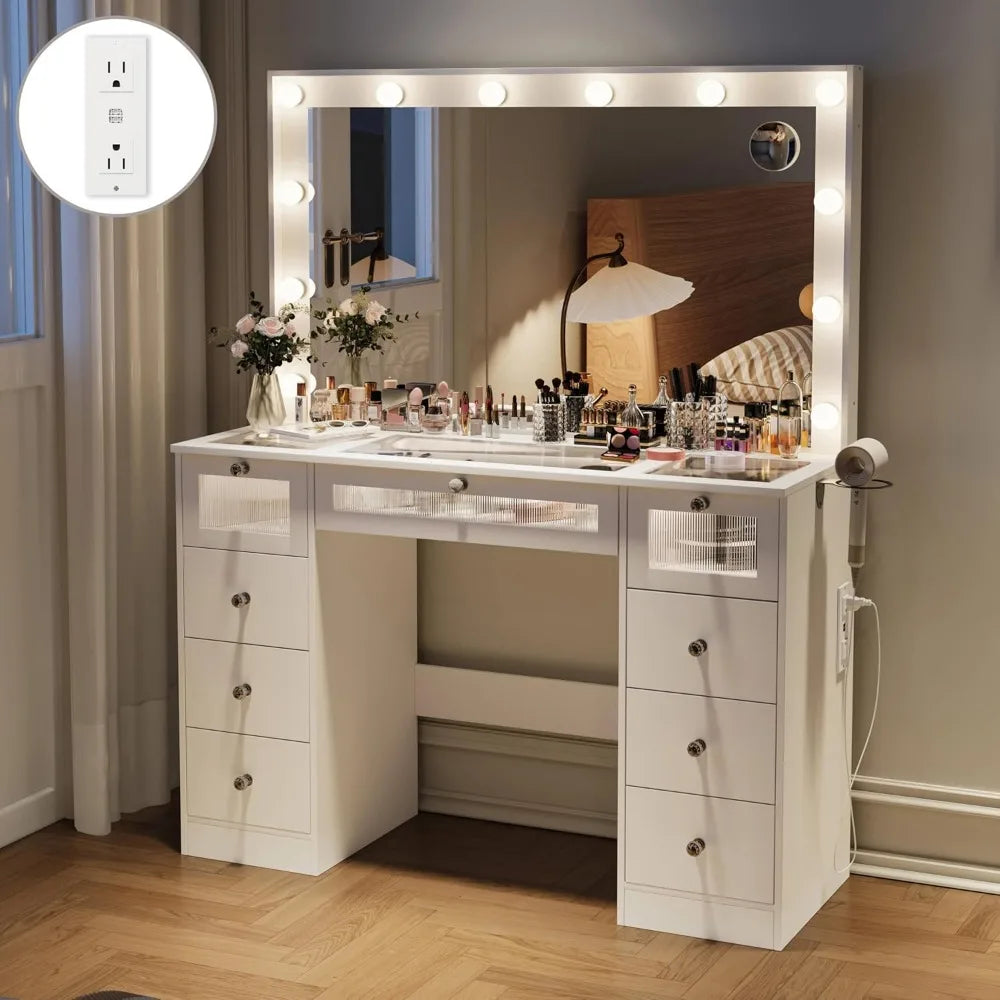 9 Drawers Vanity Desk with Large Mirror and Lights for Makeup