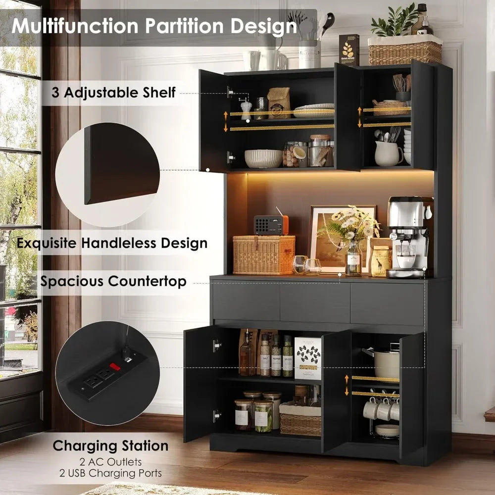 71 Inch Tall Kitchen Pantry Storage Cabinet with Power Outlets and LED Lights
