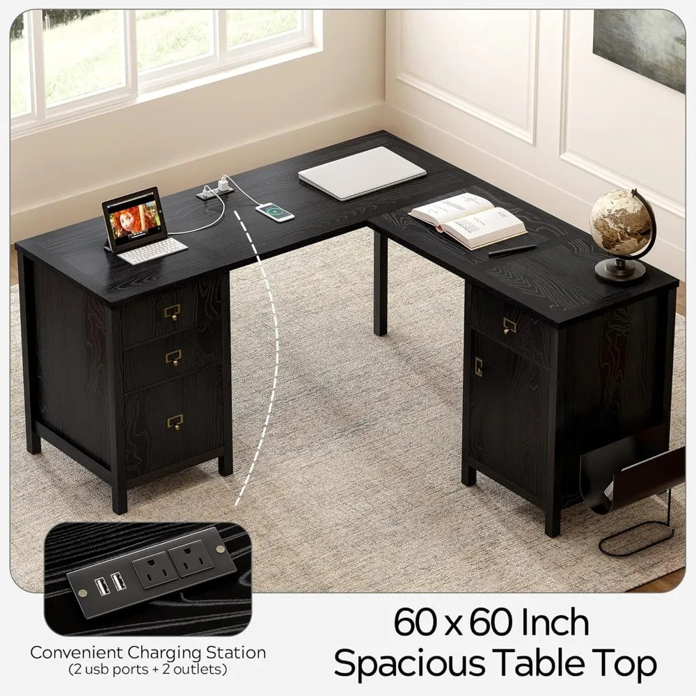 L Shaped Desk with Drawers Storage File Cabinet for Home Office