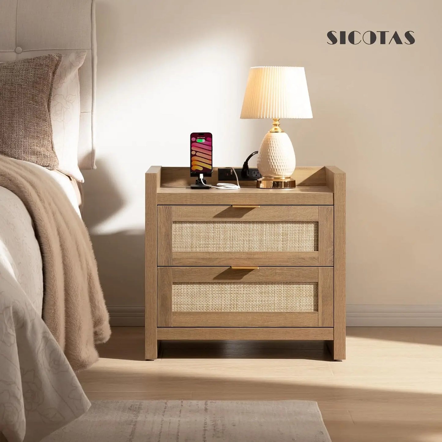 Rattan Nightstand End Table with Charging Station and 2 Drawers Storage