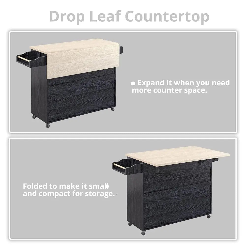 Rolling Kitchen Island Cart with Drop-Leaf Wine Rack and Drawer