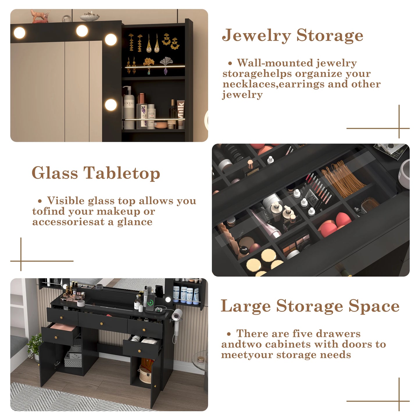 Vanity Desk with Lighted Mirror Charging Station & Storage Set