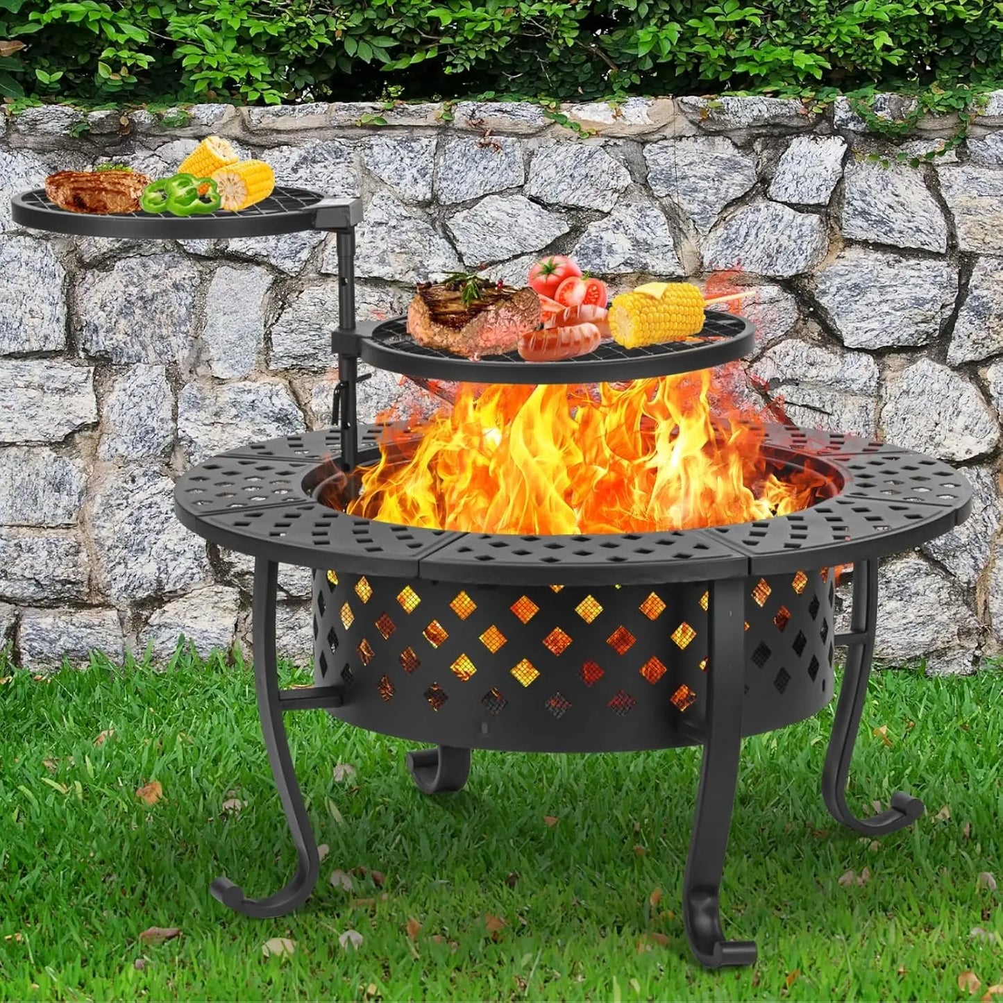 42 Inch Wood Burning Fire Pit with BBQ Grills and Lid for Outdoor Use