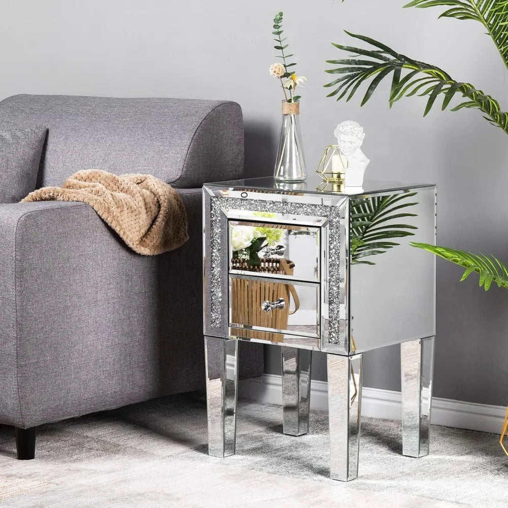 Mirrored Nightstand Set of 2 Glass End Tables with Storage 24.8 Inch