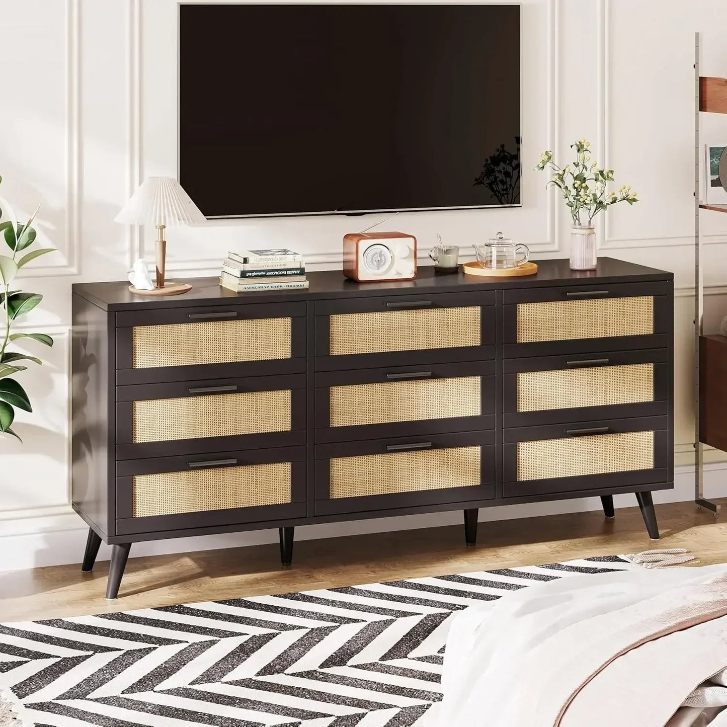9 Drawer Double Dresser Modern Rattan Chest of Drawers Bedroom Storage