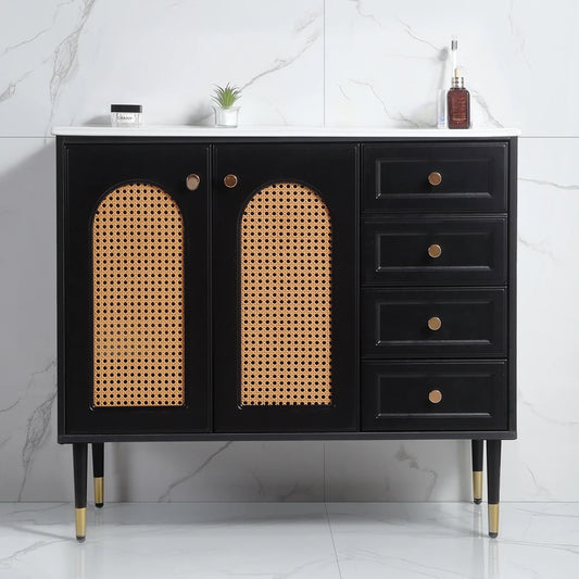 36 Inch Bathroom Vanity with Ceramic Basin Rattan Storage Cabinet