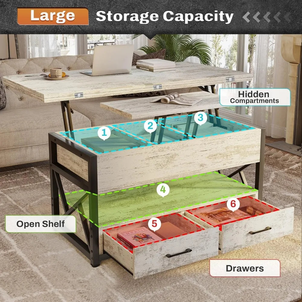 40 Inch Lift Top Coffee Table with Storage LED Light and Drawers