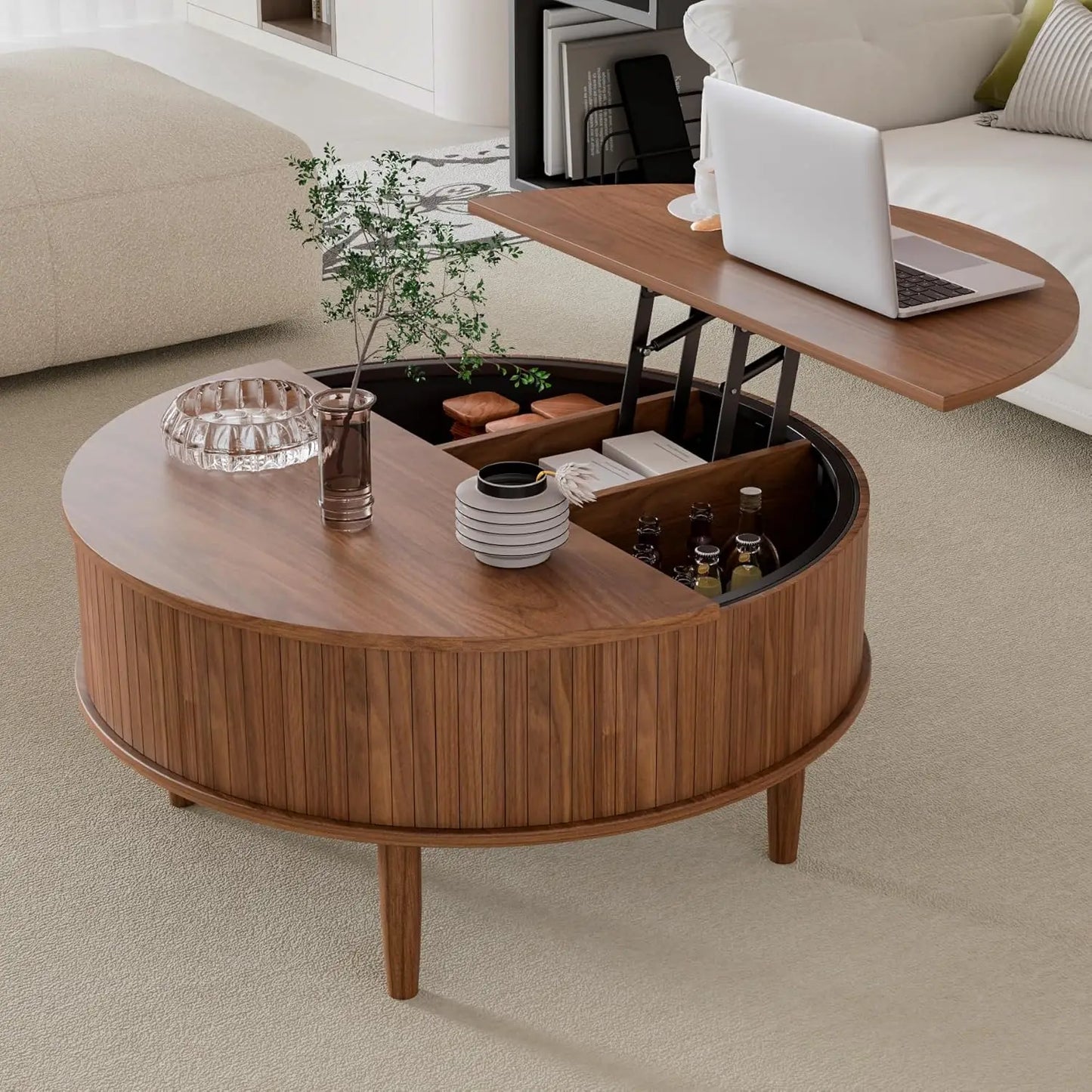 Round Lift Top Coffee Table with Storage Mid Century Modern Design