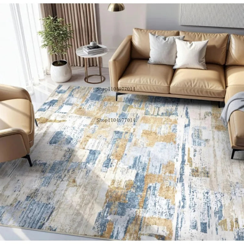 Blue Gold Abstract Living Room Rug Non-Slip Soft Washable Carpet