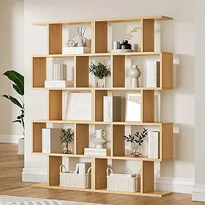 Black 5-Tier Geometric Bookcase Modern S-Shaped Bookshelf Room Divider