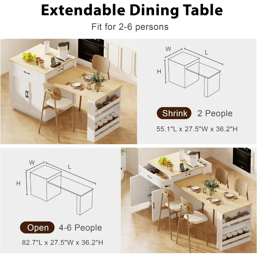82.7 Inch Kitchen Island with Extendable Dining Table and Storage