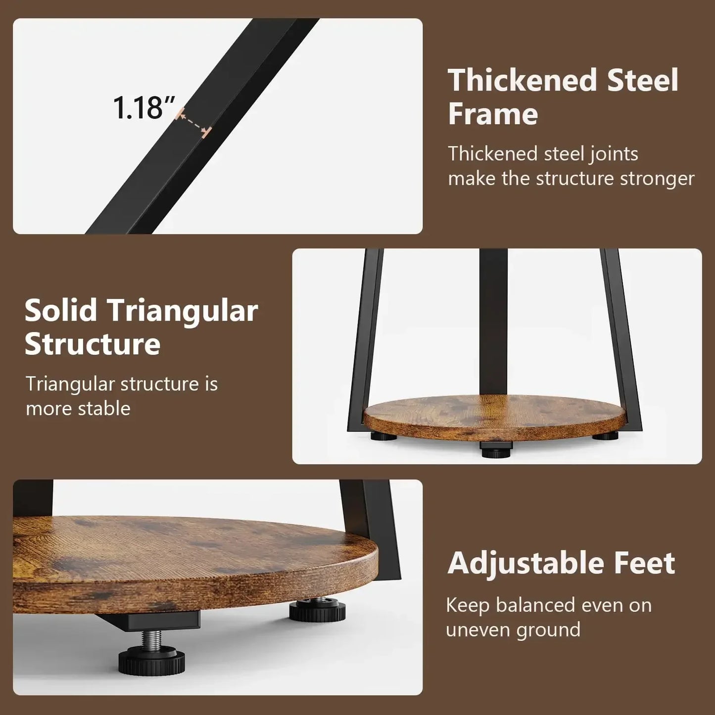 End Side Table Round Metal Frame 3-Tier Storage Coffee Table Nightstand