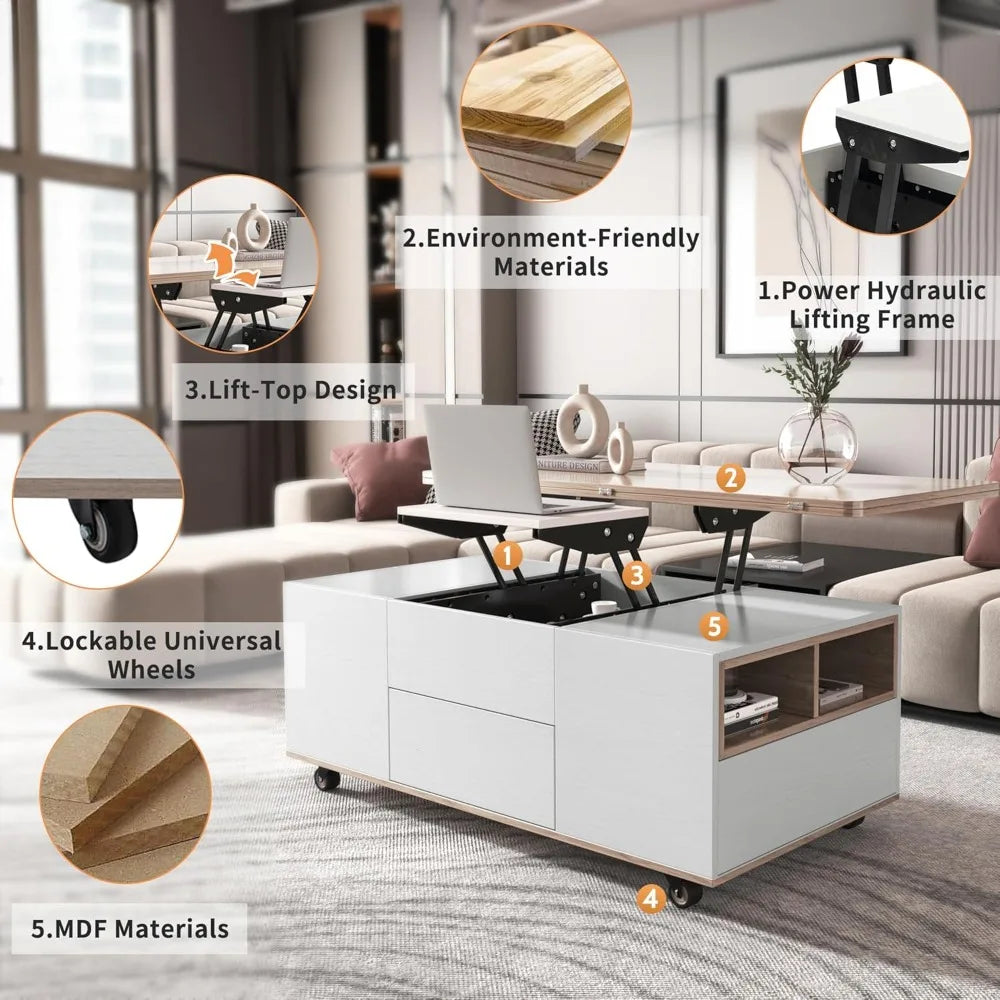 Modern Walnut Lift Top Coffee Table with Drawers and Shelves