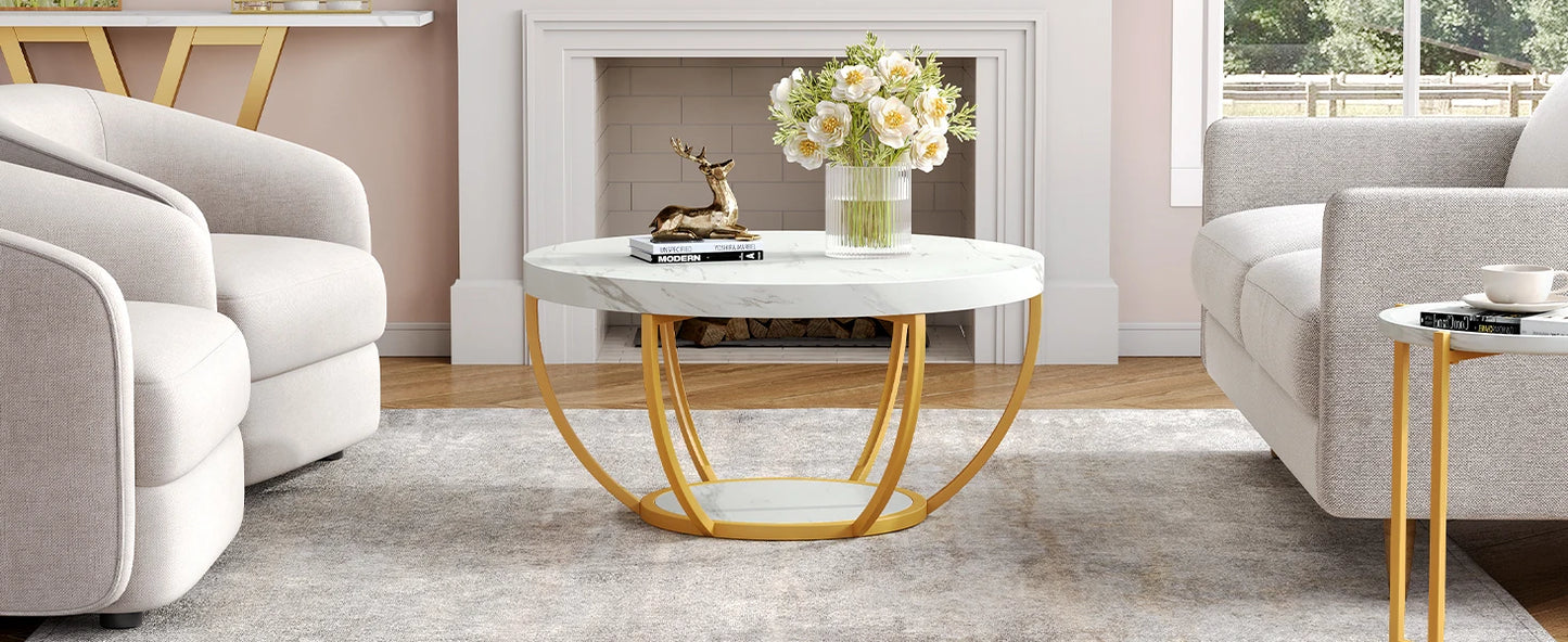 32 Inch Circle Marble Coffee Table 2 Tier Gold Metal Legs Modern Design