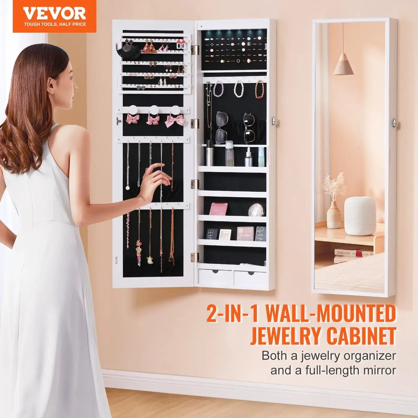 Mirror Jewelry Cabinet Lockable Wall Mounted Armoire Storage Organizer
