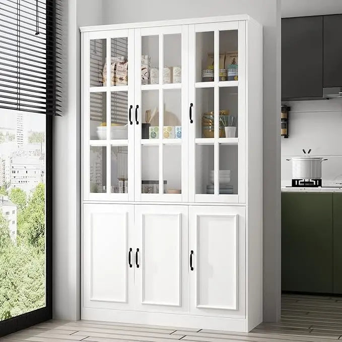 Large Kitchen Pantry Storage Cabinet Freestanding Cupboard with Glass Doors