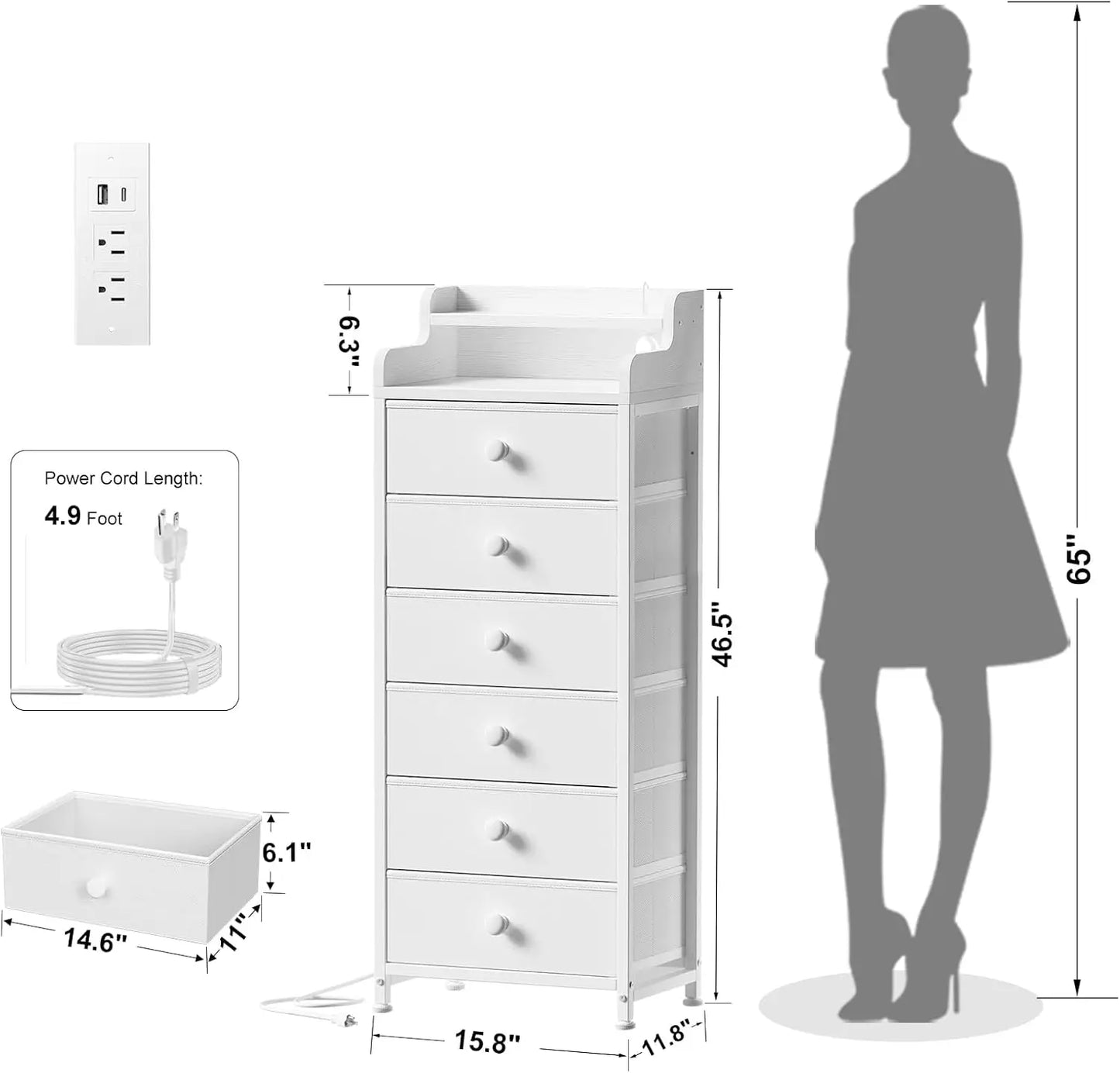 Dresser Bedroom Charging Station LED Lights 6 Drawers Tall Night Stand