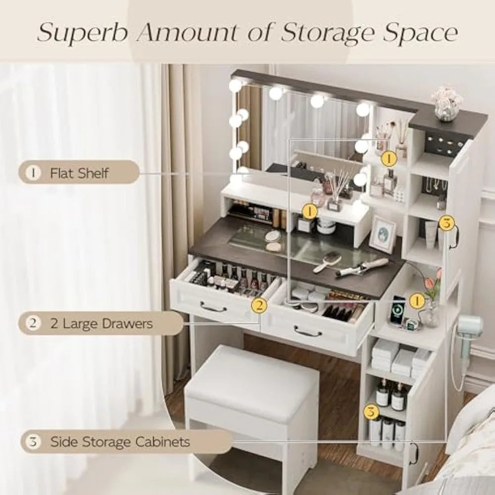 Makeup Vanity Desk with Mirror Lights Charging Station and Storage