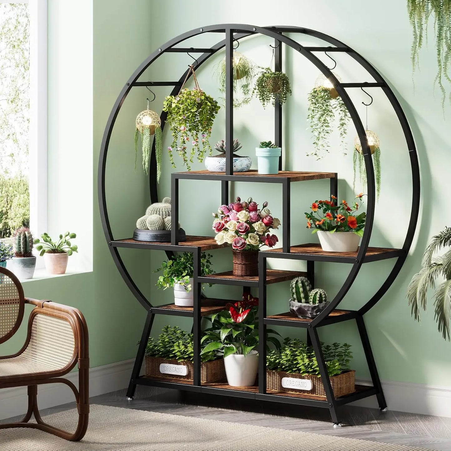 7-Tier Round Indoor Plant Stand Large Tall Shelf with Hooks for Pots