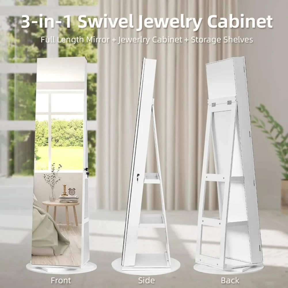 Freestanding Rotating Jewelry Cabinet with Full-Length Mirror Storage