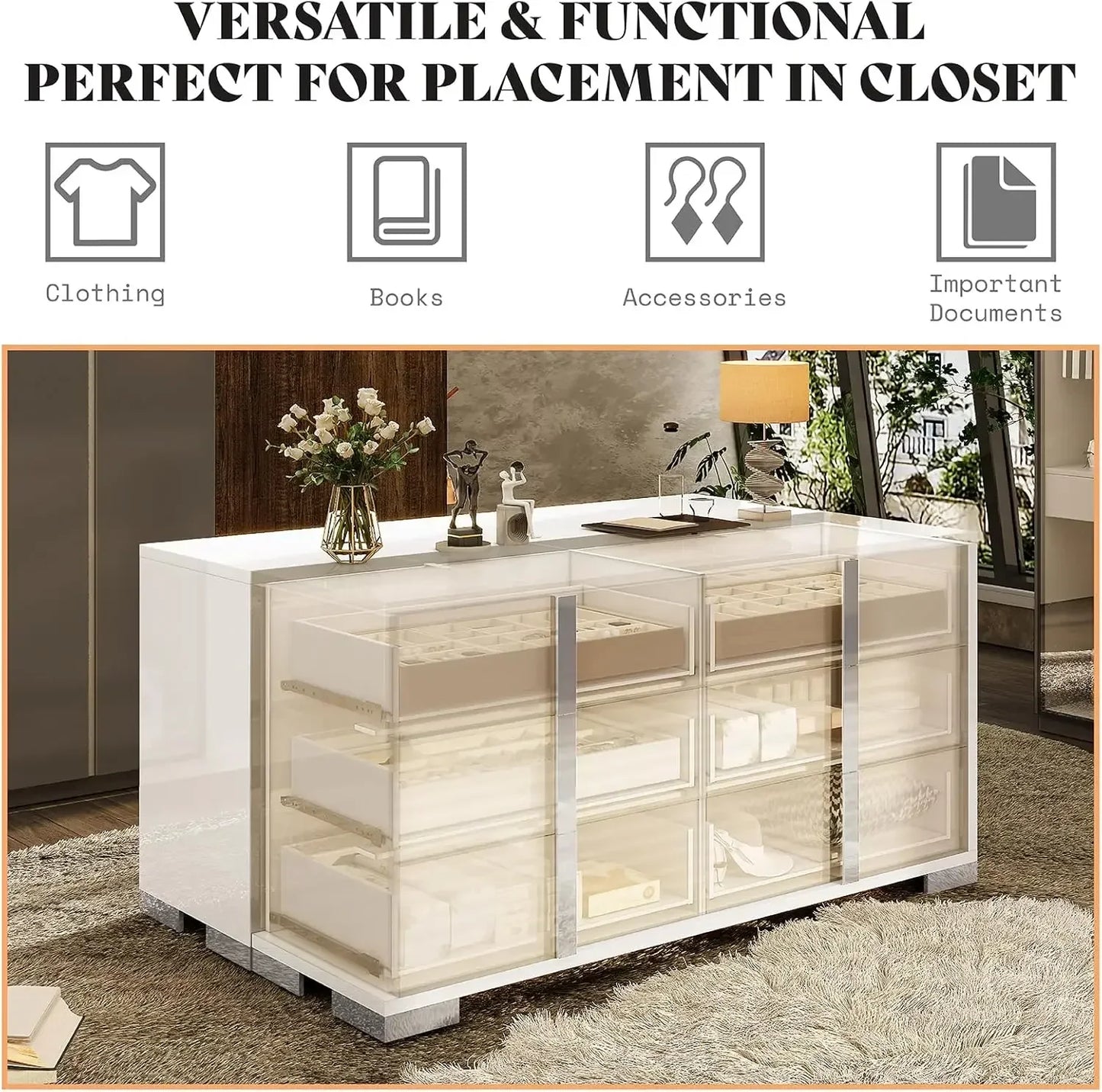 54 Inch High Gloss 6 Drawer Dresser Modern Chest for Bedroom Storage