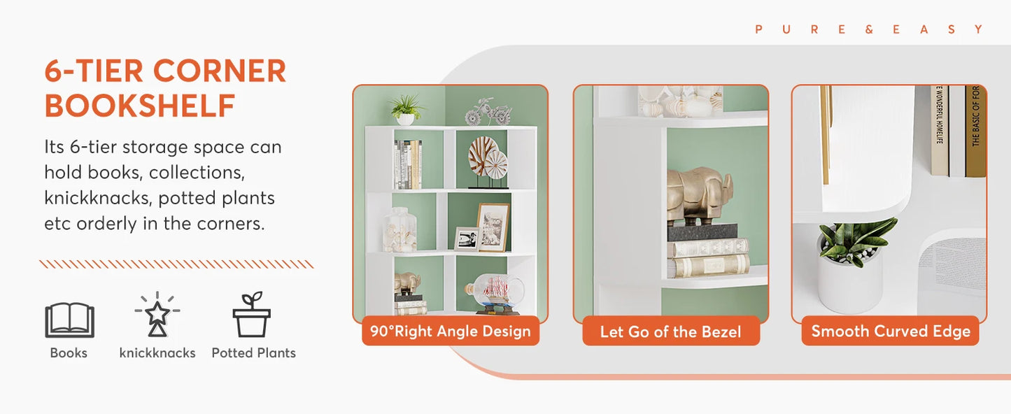 Ljustra 6 Tier Corner Bookshelf Industrial Bookcase Space Saving Design