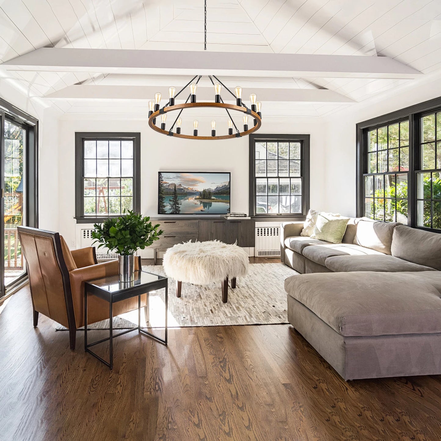 Wood Wagon Wheel Chandelier Rustic Farmhouse 16-Light Pendant Light