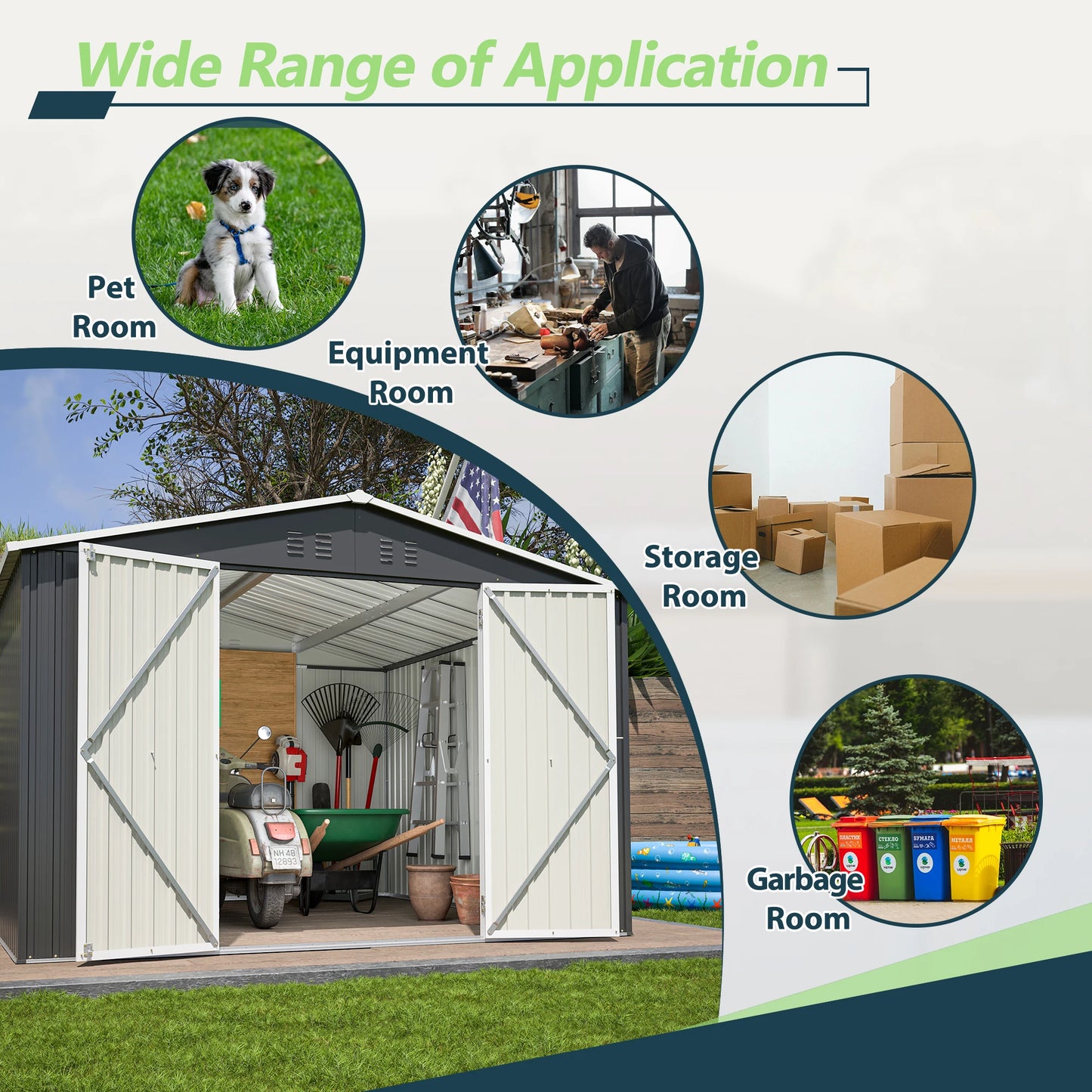 Ljustra Outdoor Storage Shed 10x10 FT Metal Tool Storage Lockable Doors