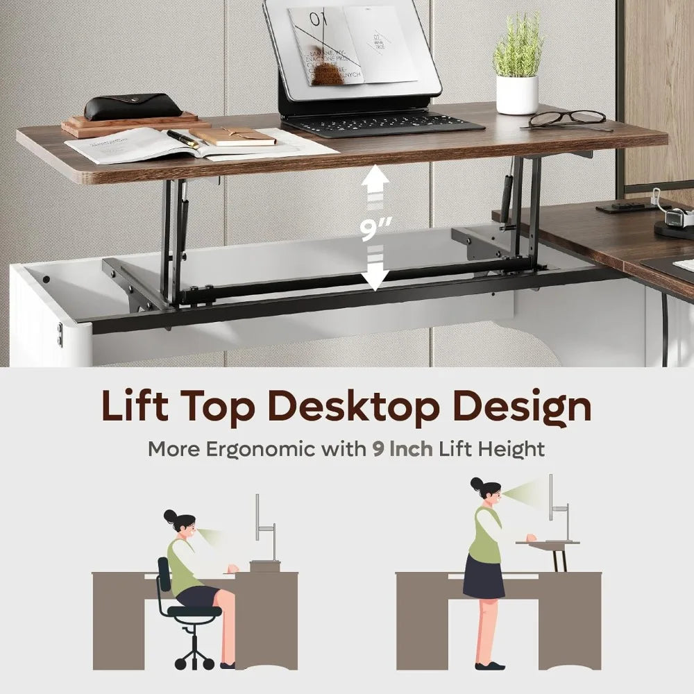 L Shaped Desk with Lift Top Modern Office Desk Fluted Panel Drawers