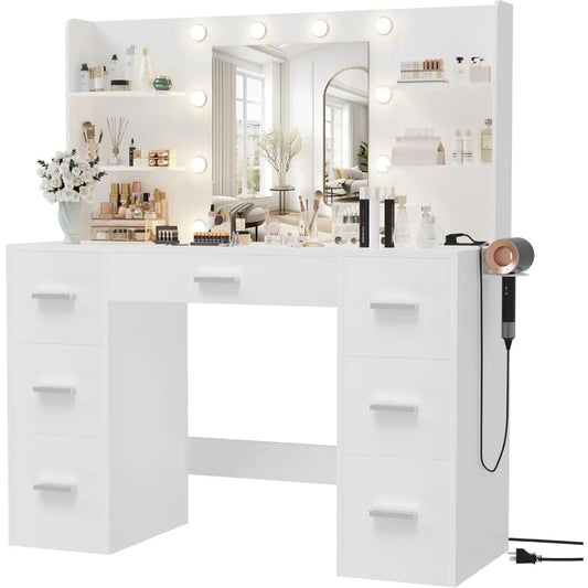 Vanity Desk with Mirror LED Lights Power Outlet 7 Drawers Storage