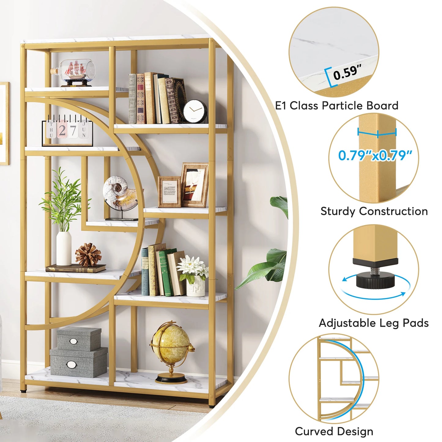 Tribesigns Gold 8-Shelf Etagere Bookcase Modern Display Shelf