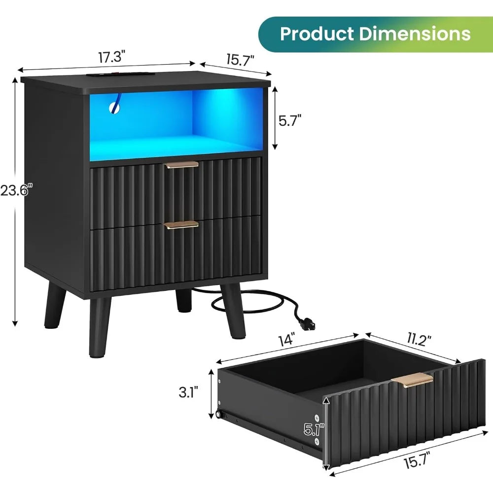 Fluted Nightstand Set of 2 with Charging Station Modern Bedside Table