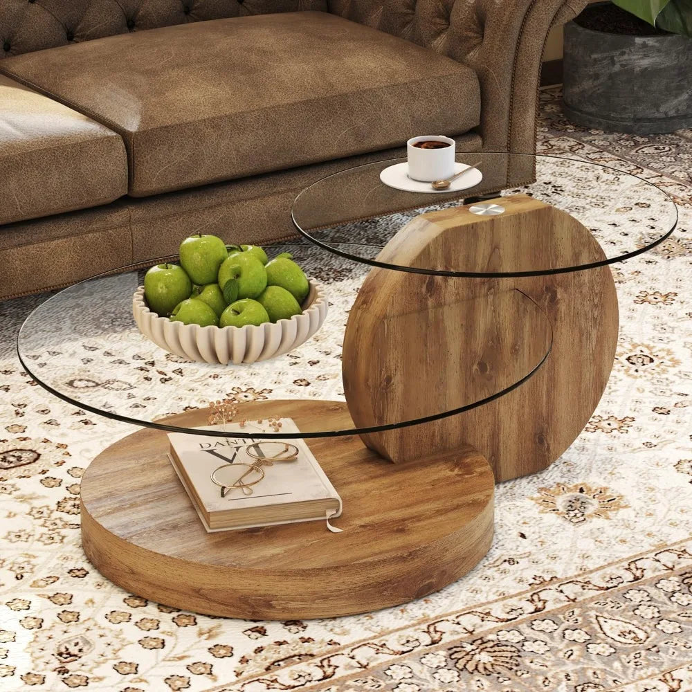 Modern 42 Inch Round Glass Coffee Table 3-Tier Wood Shelves Living Room